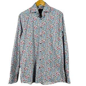 Suitor Button Up Shirt Custom Micro Floral Print Long Sleeve Red Blue - 42